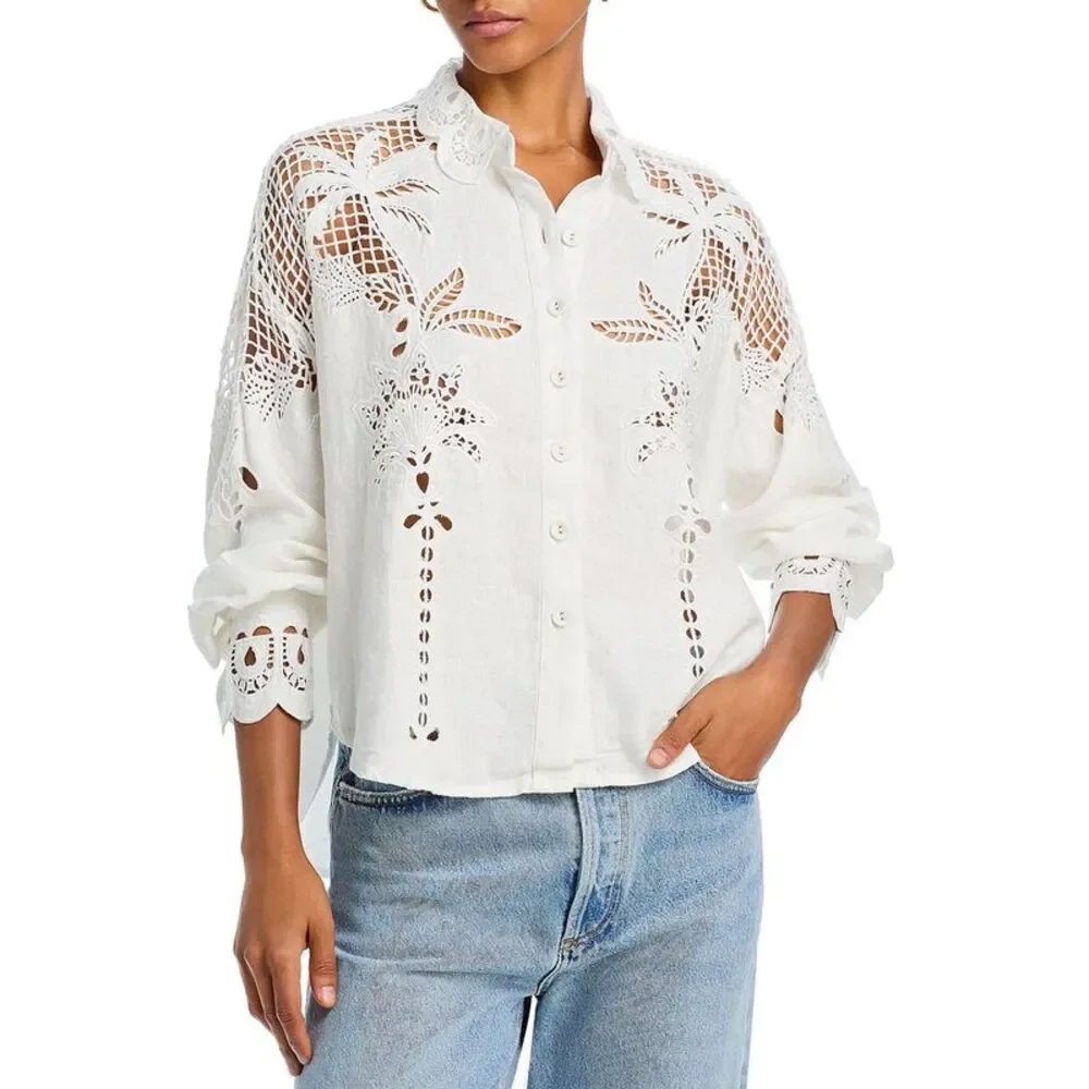 Farm Rio Womens Palms Richelieu Long Sleeve Shirt Small Off White - NWT $248 - Picture 1 of 7
